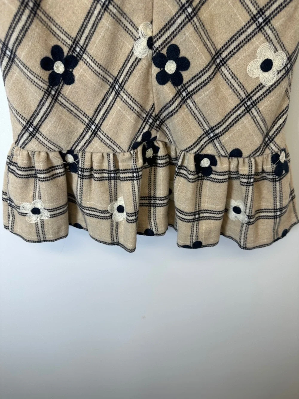 Mayoral Girls Plaid Embroidered Flower Wool Blend Dress Drop Waist Ruffle 7